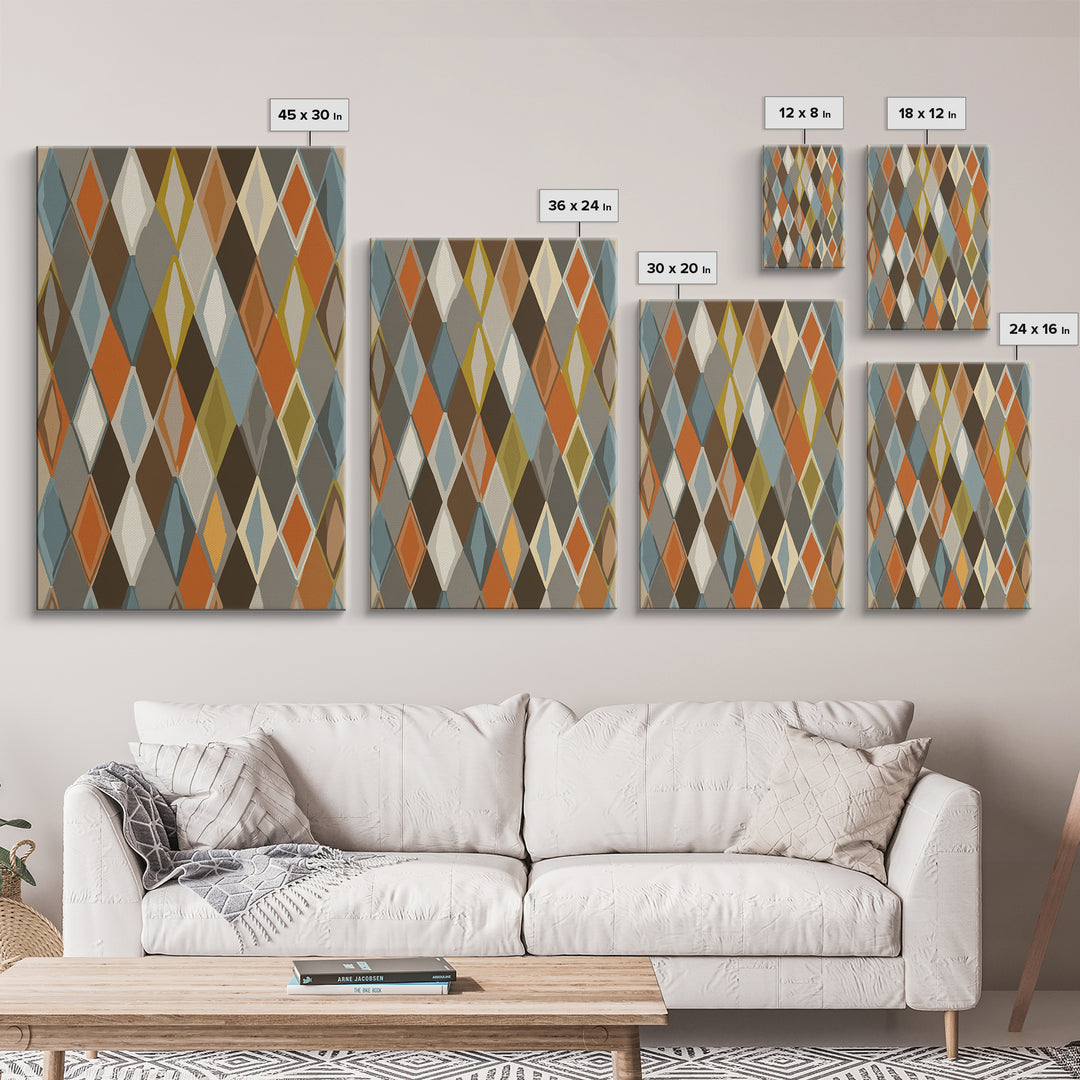 Earthy Argyle Diamond Pattern Framed Canvas Print, Mid Century Modern Wall Decor, Retro Geometric Abstract Art, Orange Blue