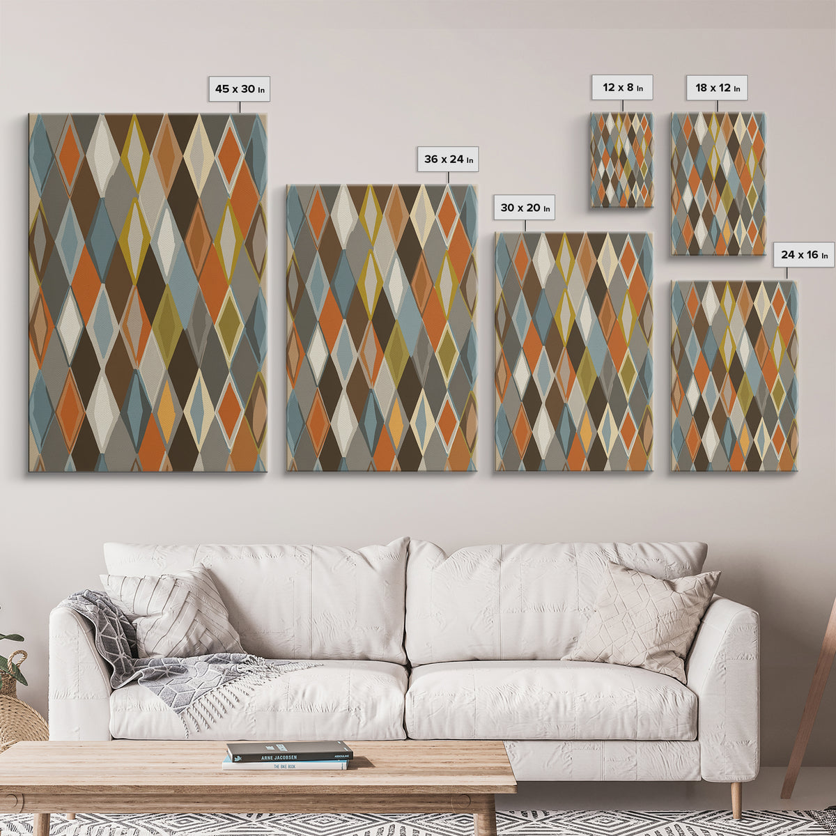 Earthy Argyle Diamond Pattern Framed Canvas Print, Mid Century Modern Wall Decor, Retro Geometric Abstract Art, Orange Blue