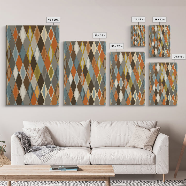 Earthy Argyle Diamond Pattern Framed Canvas Print, Mid Century Modern Wall Decor, Retro Geometric Abstract Art, Orange Blue