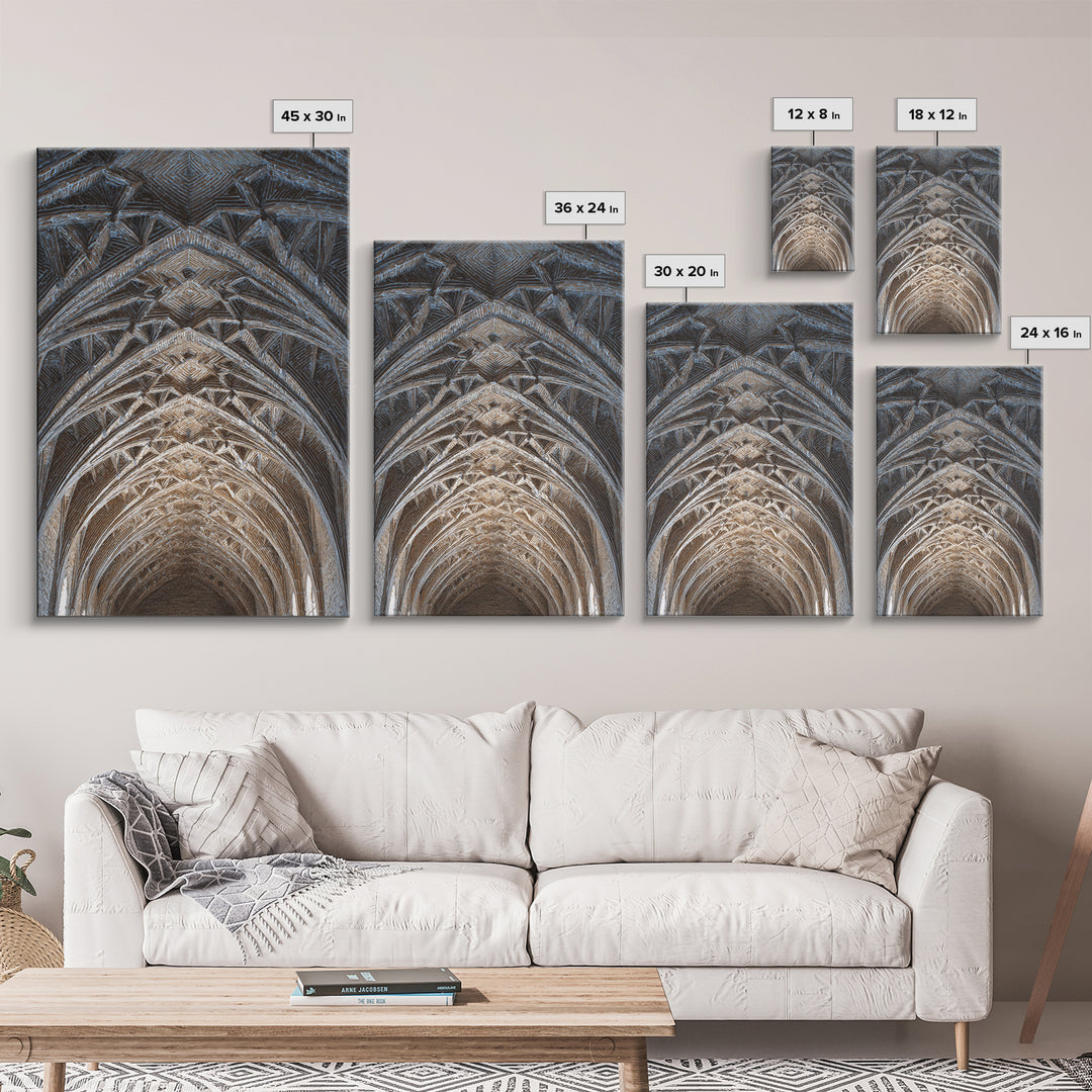 Gothic Vaulted Ceiling Architecture Wall Art, Cathedral Arches Perspective Print, Modern Geometric Decor, Blue Brown Tones