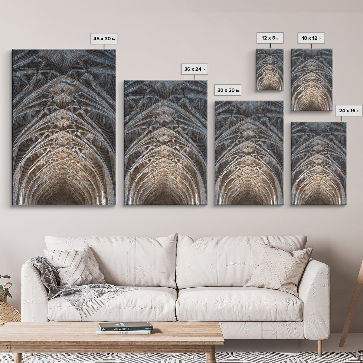 Gothic Vaulted Ceiling Architecture Wall Art, Cathedral Arches Perspective Print, Modern Geometric Decor, Blue Brown Tones