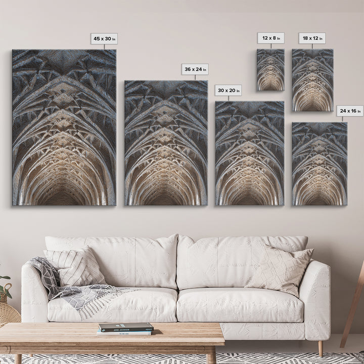 Gothic Vaulted Ceiling Architecture Wall Art, Cathedral Arches Perspective Print, Modern Geometric Decor, Blue Brown Tones