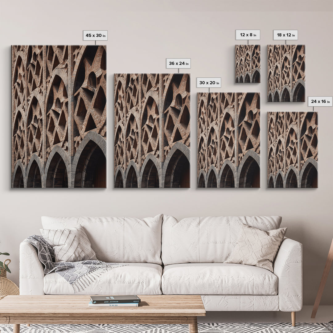 Brick Arch Facade Architecture Canvas Print, Geometric Gothic Arches Wall Decor, Modern Rustic Photo Art, Brown Black Texture