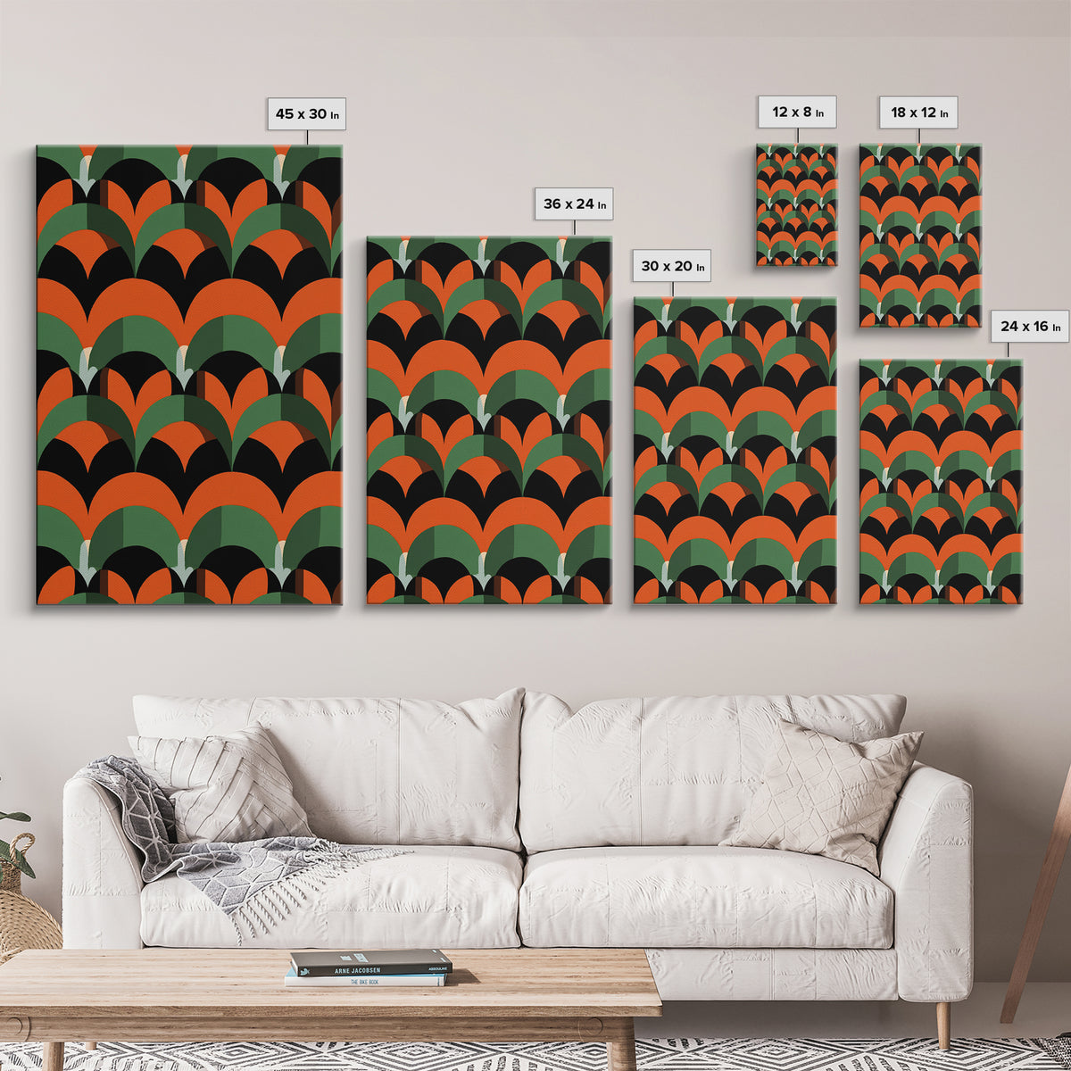 Orange Green Art Deco Fan Pattern Wall Art, Mid Century Modern Abstract Print, Retro Scallop Decor, Bold Black Canvas Home Decor