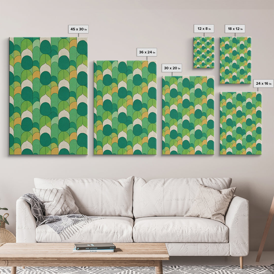 Green Botanical Oval Leaf Pattern Canvas Print, Mid Century Modern Wall Decor, Retro Nature Art, Textured Sage Teal Yellow