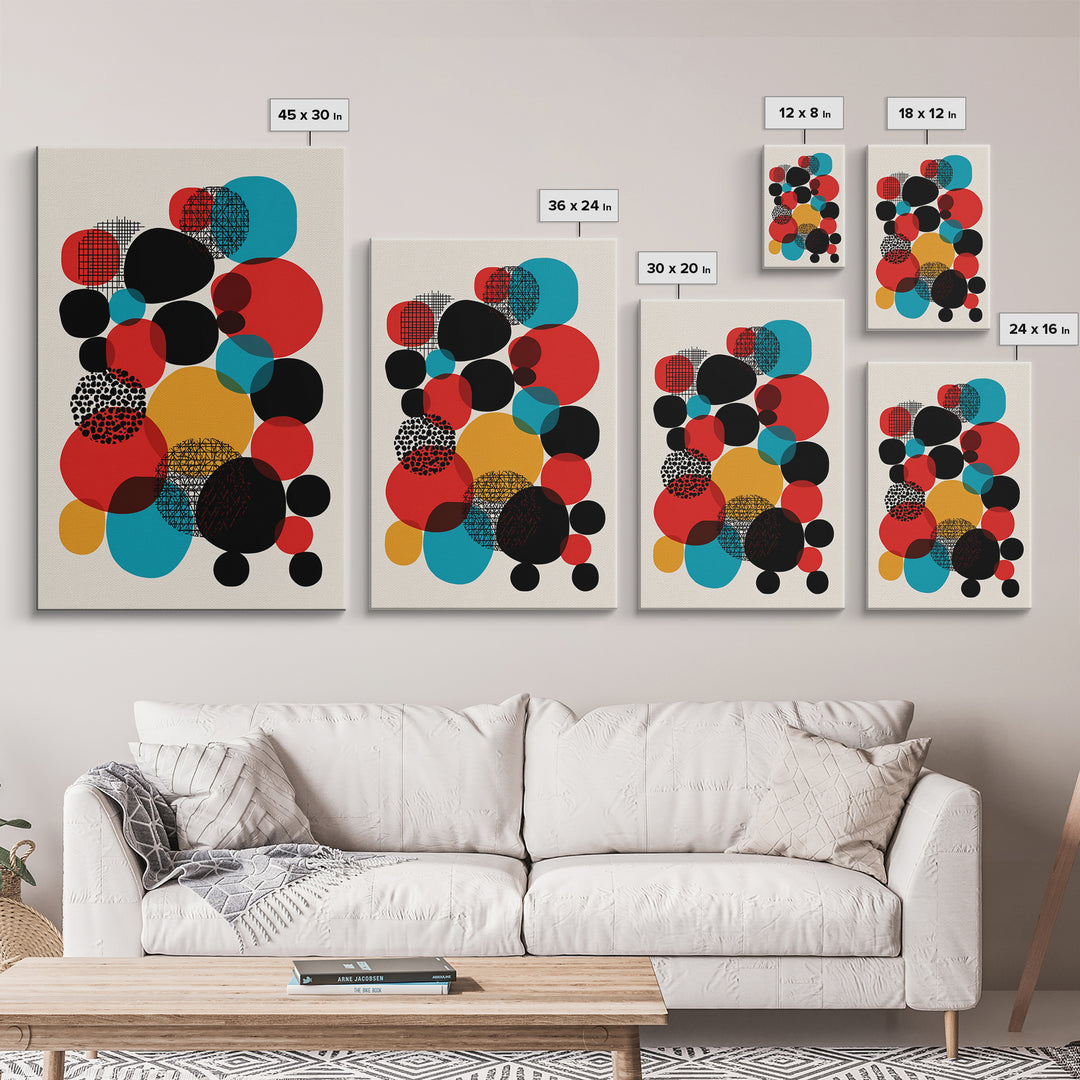 Red Teal Black Circle Cluster Canvas Print, Mid Century Modern Abstract Art, Retro Geometric Wall Decor, Mustard Cream Poster