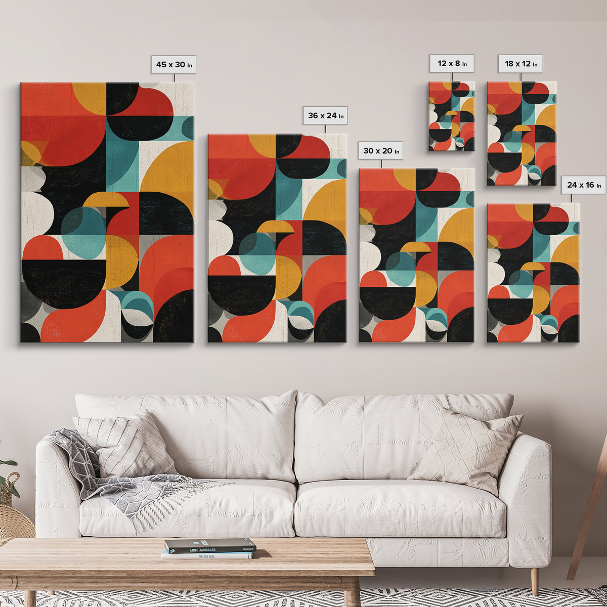 Bauhaus Blocks And Circles Framed Canvas Print, Mid Century Modern Abstract Wall Decor, Retro Geometric Art, Red Teal Mustard