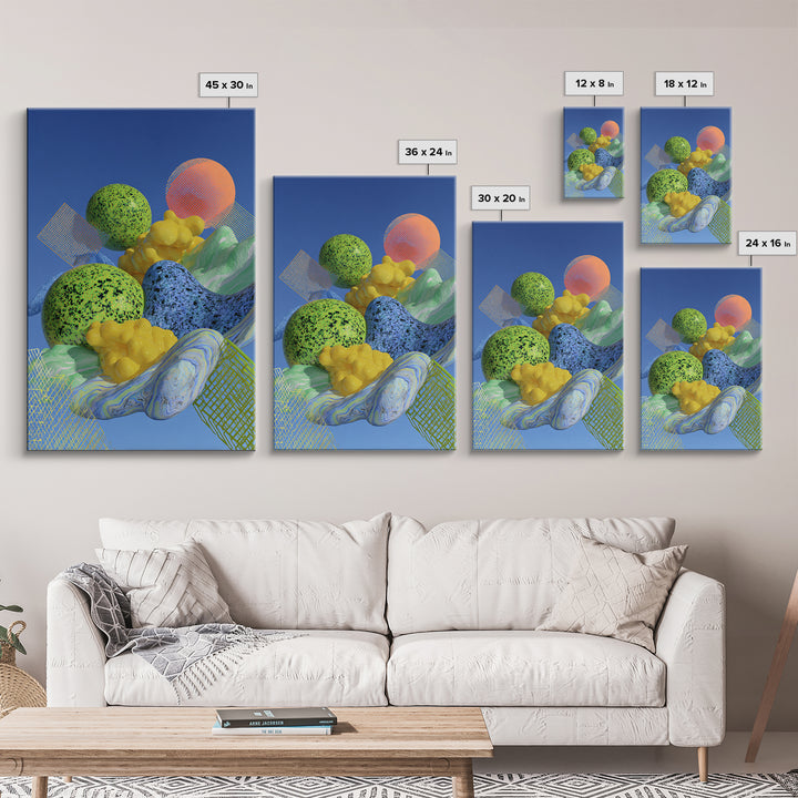 Surreal Speckled Planets And Mesh Mountains Canvas Print, Bright Midcentury Modern Abstract Wall Decor, Colorful Retro Art