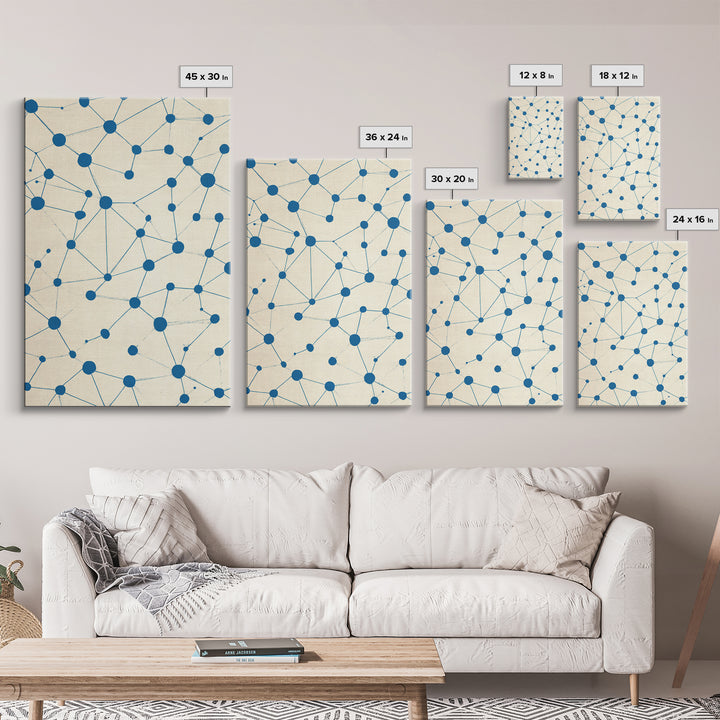 Blue Constellation Dot Pattern Canvas Print, Midcentury Modern Geometric Wall Art, Minimal Abstract Linen Home Office Decor