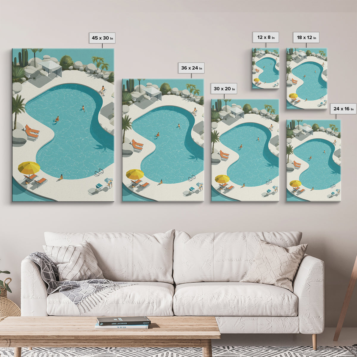 Aerial Desert Pool With Palms Wall Art, Midcentury Modern Palm Springs Print, Retro Vacation Resort Living Room Home Decor