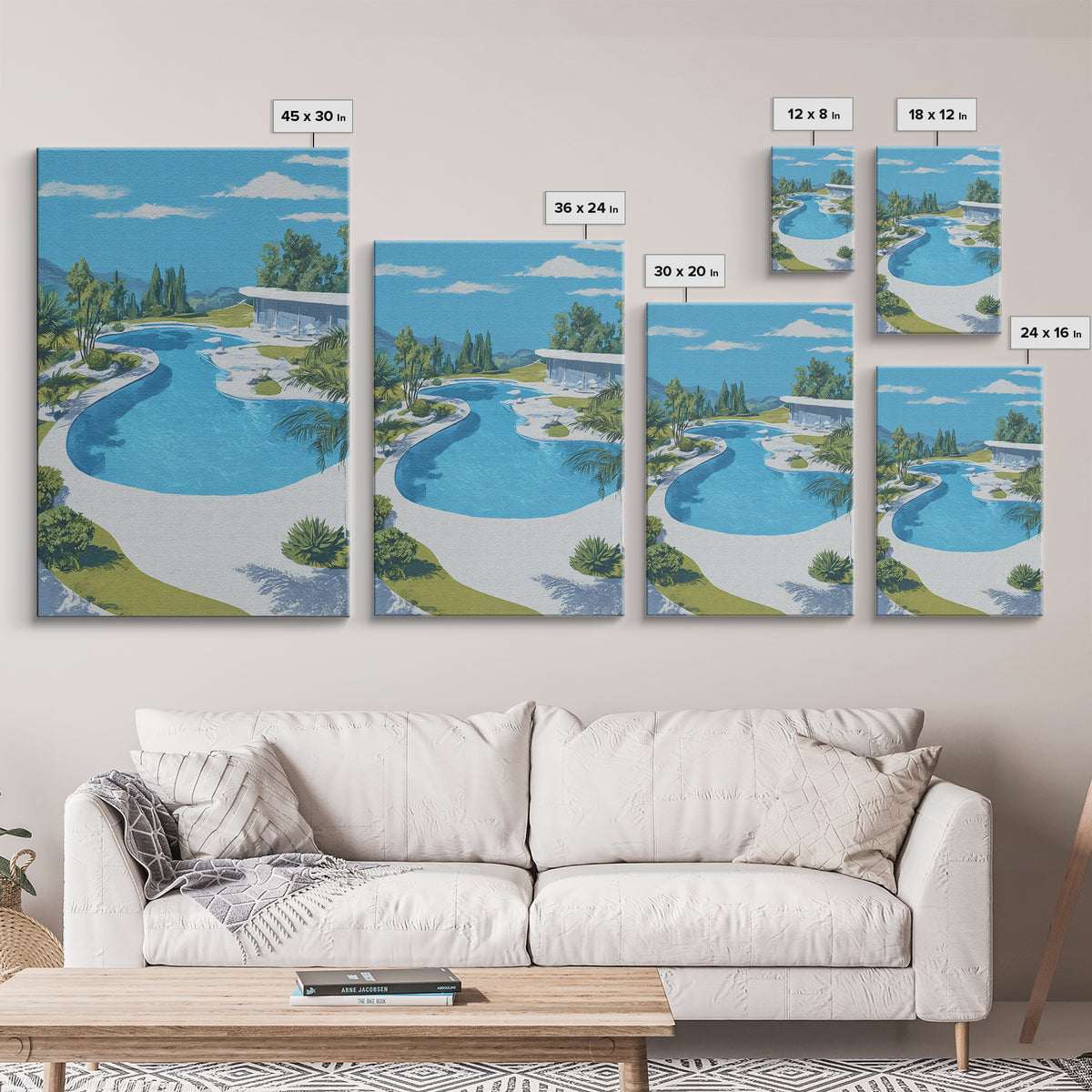 Midcentury Pool And Glass House Landscape Canvas Print, Palm Springs Modern Wall Art, Retro Architecture Living Room Home Decor