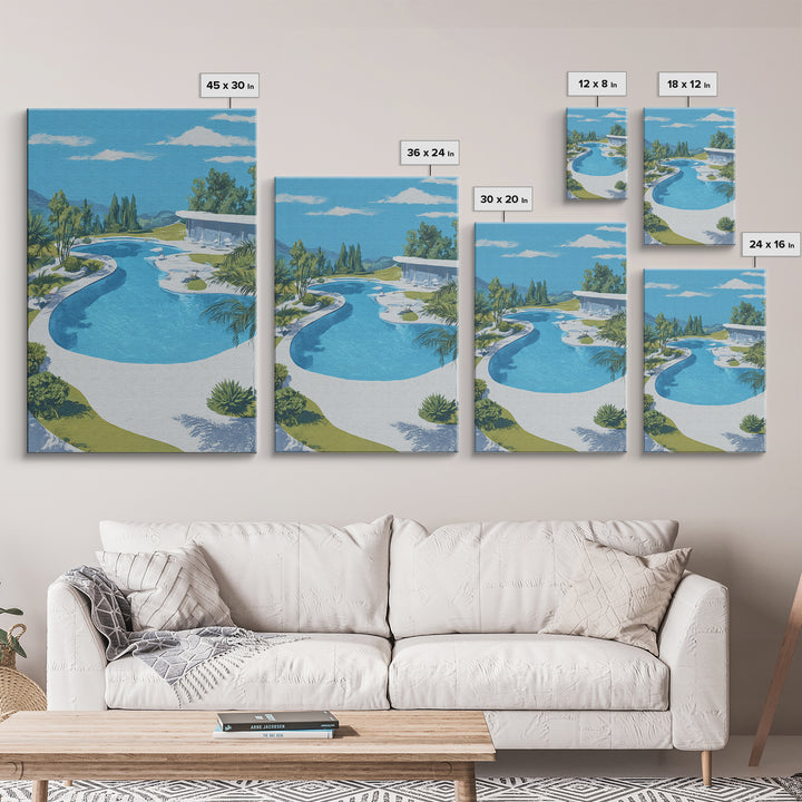 Midcentury Pool And Glass House Landscape Canvas Print, Palm Springs Modern Wall Art, Retro Architecture Living Room Home Decor