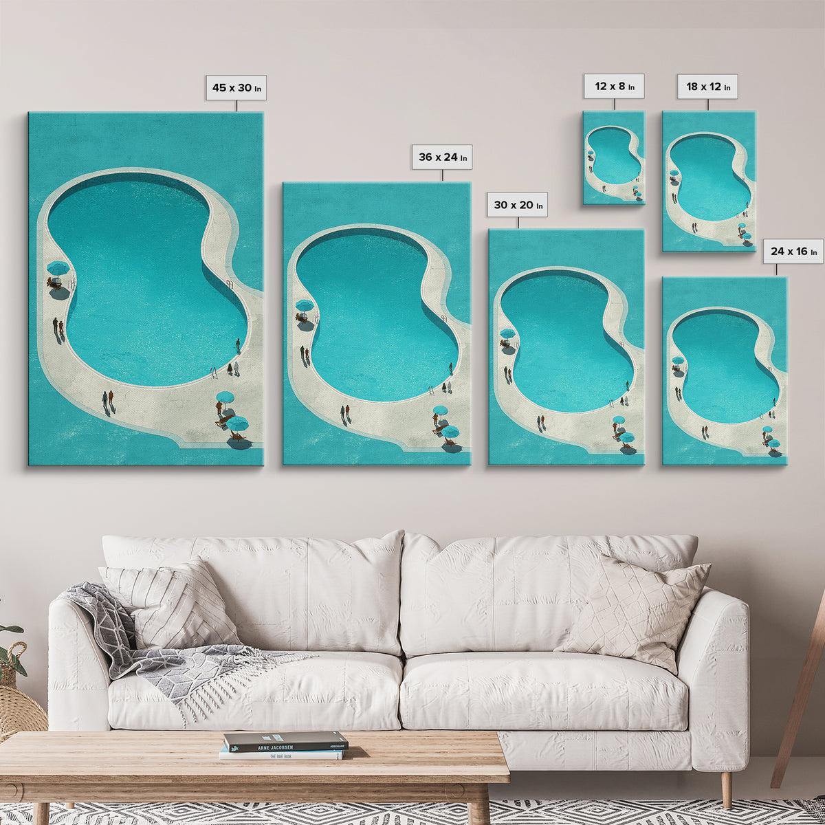 Minimal Turquoise Resort Pool Framed Canvas Print, Midcentury Modern Wall Art, Palm Springs Retro Travel Poster Living Room Decor