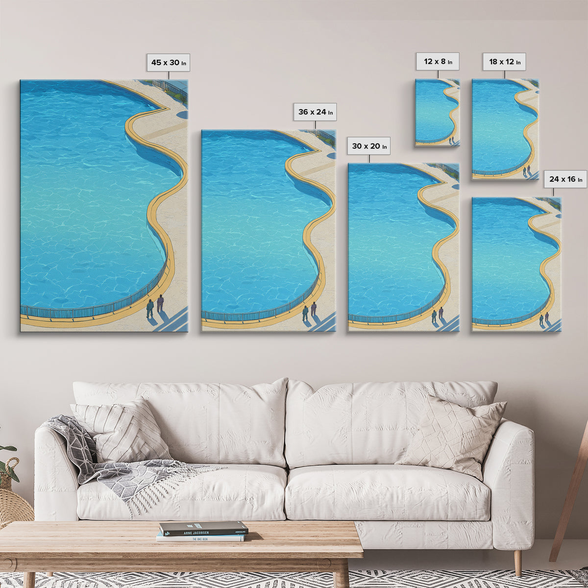 Curved Blue Swimming Pool Wall Art, Midcentury Modern Coastal Resort Print, Minimal Summer Travel Living Room Home Decor