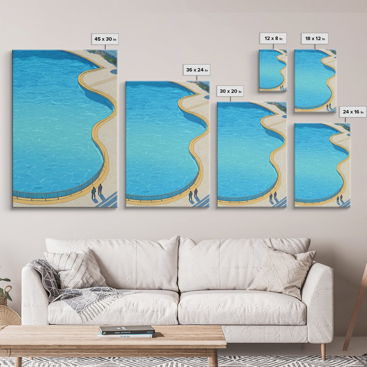 Curved Blue Swimming Pool Wall Art, Midcentury Modern Coastal Resort Print, Minimal Summer Travel Living Room Home Decor