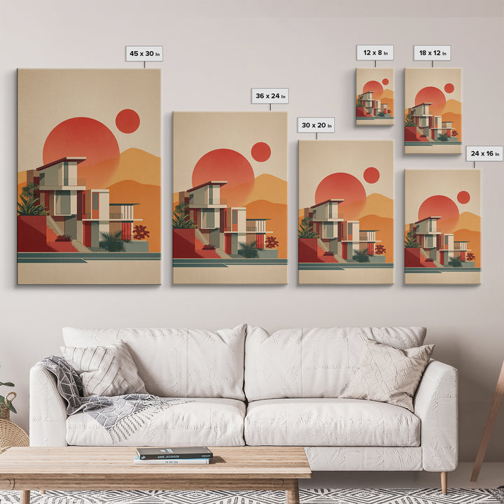 Desert Modernist House With Red Sun Wall Art, Mid Century Modern Poster, Retro Palm Springs Decor, Architectural Art Print
