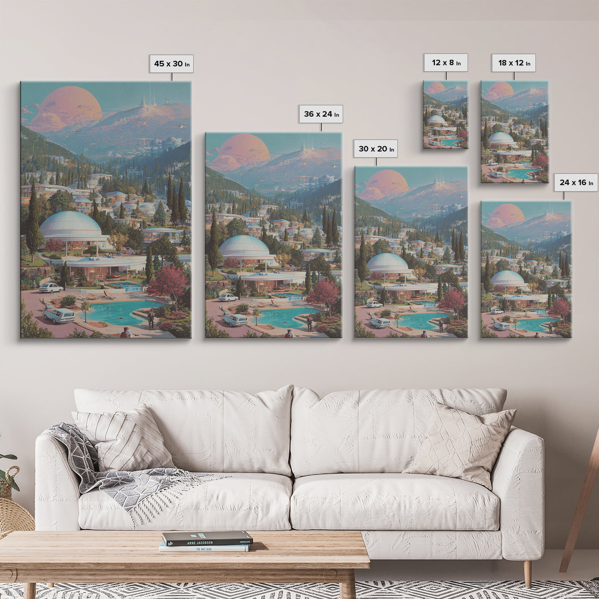 Futuristic Mountain Resort With Pink Moon Wall Art, Midcentury Modern Sci Fi Poster, Retro Travel Print, Scenic Home Decor
