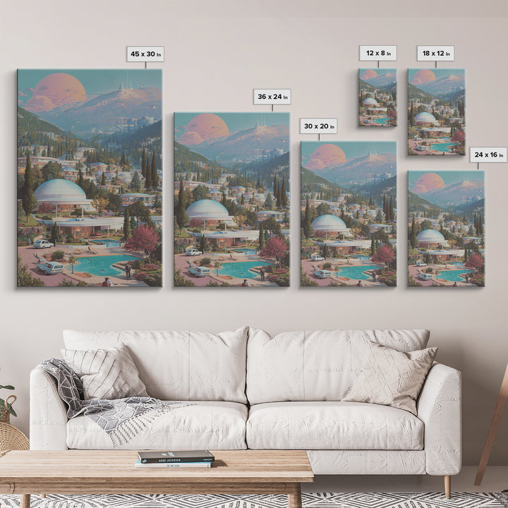 Futuristic Mountain Resort With Pink Moon Wall Art, Midcentury Modern Sci Fi Poster, Retro Travel Print, Scenic Home Decor