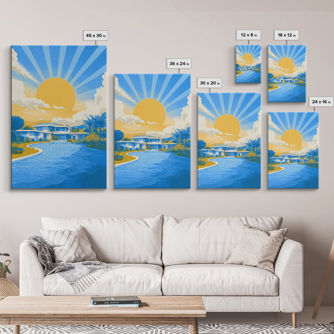 Blue Poolside Modern House With Sun Rays Framed Canvas Print, Mid Century Modern Wall Art, Tropical Palm Springs Decor Poster