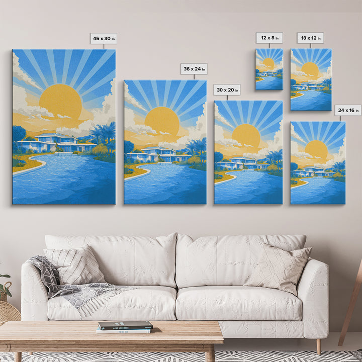 Blue Poolside Modern House With Sun Rays Framed Canvas Print, Mid Century Modern Wall Art, Tropical Palm Springs Decor Poster