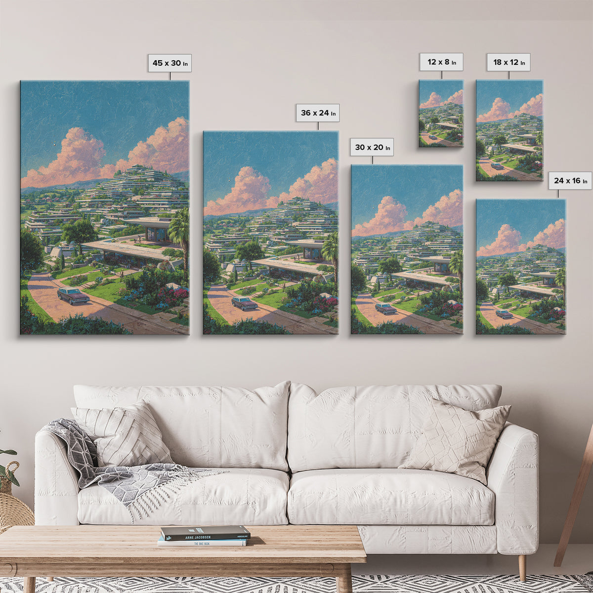 Terraced Hillside Utopia With Pink Clouds Wall Art, Midcentury Modern Architecture Poster, Colorful Landscape Home Decor