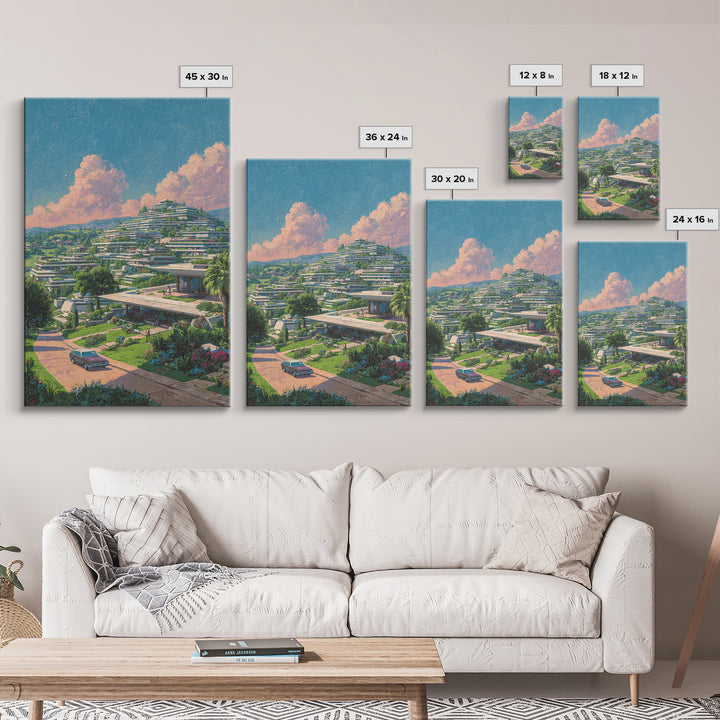 Terraced Hillside Utopia With Pink Clouds Wall Art, Midcentury Modern Architecture Poster, Colorful Landscape Home Decor