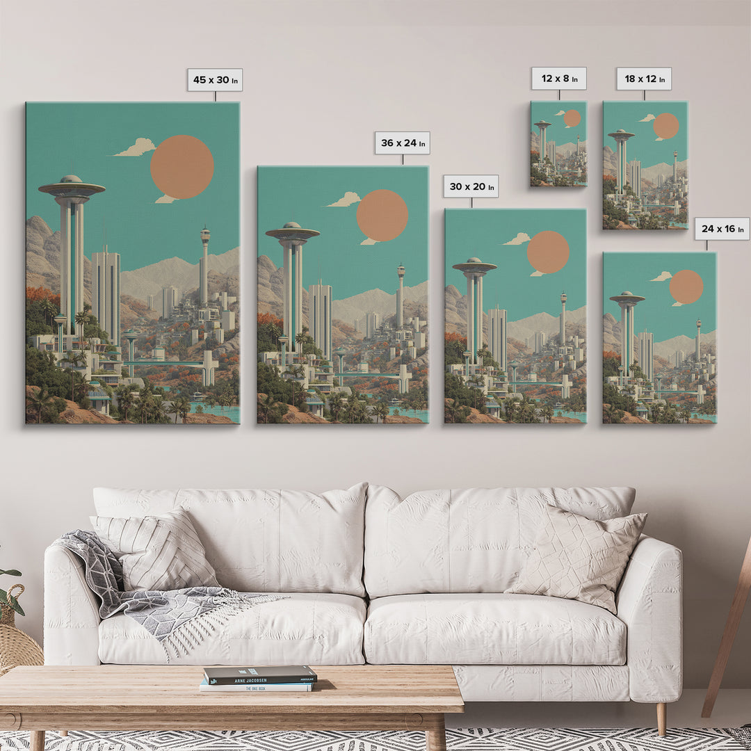 Futuristic Desert City With Saucer Tower Canvas Print, Midcentury Modern Wall Art, Sci Fi Retro Travel Poster Home Decor