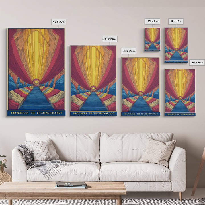 Glowing Futurist Technology Tunnel Wall Art, Retro Sci Fi Poster, Modern Abstract Art Print, Colorful Geometric Home Decor
