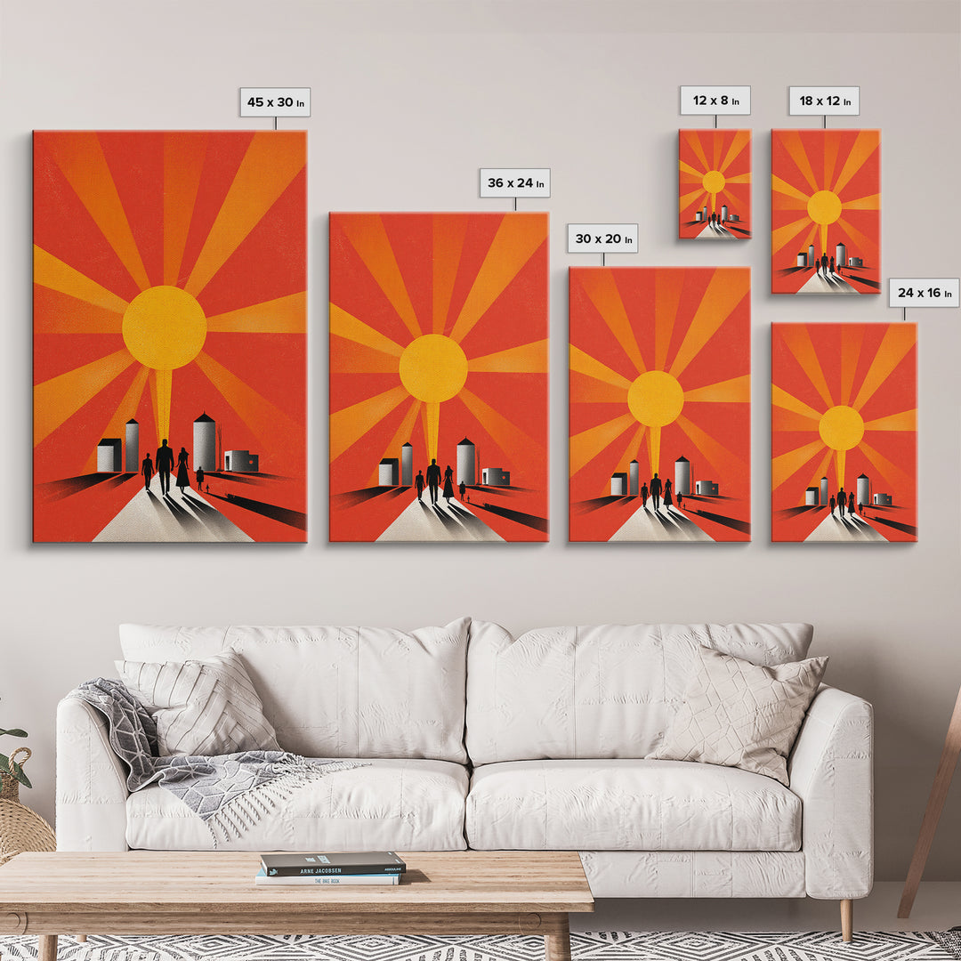 Family Silhouettes Walking Toward Sun Wall Art, Midcentury Modern Poster, Orange Retro Abstract Print, Inspirational Decor