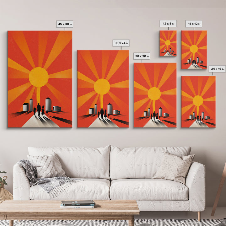 Family Silhouettes Walking Toward Sun Wall Art, Midcentury Modern Poster, Orange Retro Abstract Print, Inspirational Decor