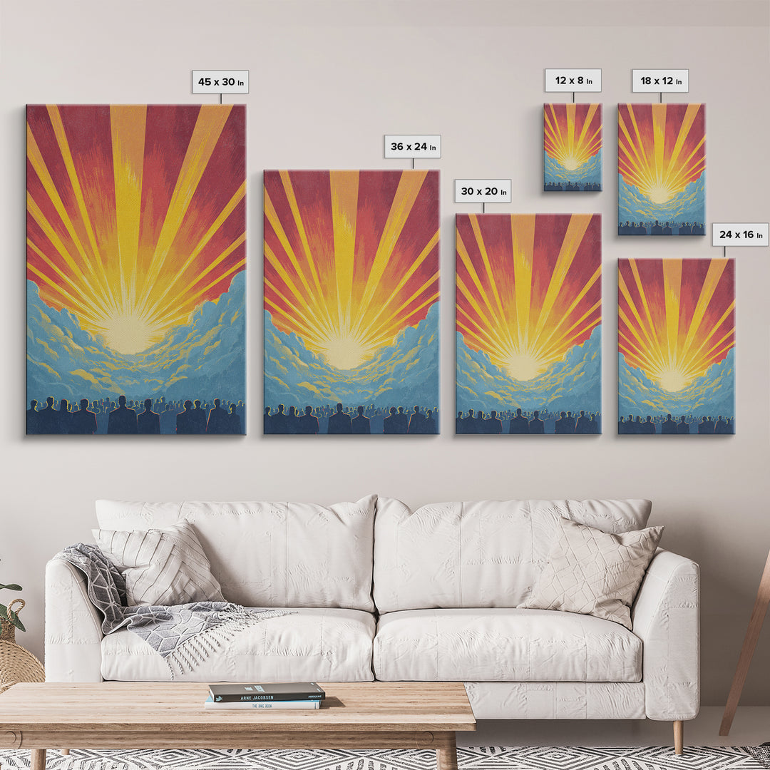 Radiant Sunrise Over Crowd Silhouette Canvas Print, Retro Sci Fi Wall Art, Inspirational Sun Poster, Colorful Home Decor