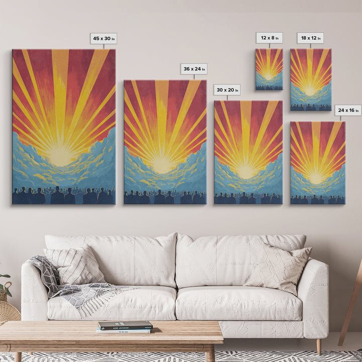 Radiant Sunrise Over Crowd Silhouette Canvas Print, Retro Sci Fi Wall Art, Inspirational Sun Poster, Colorful Home Decor