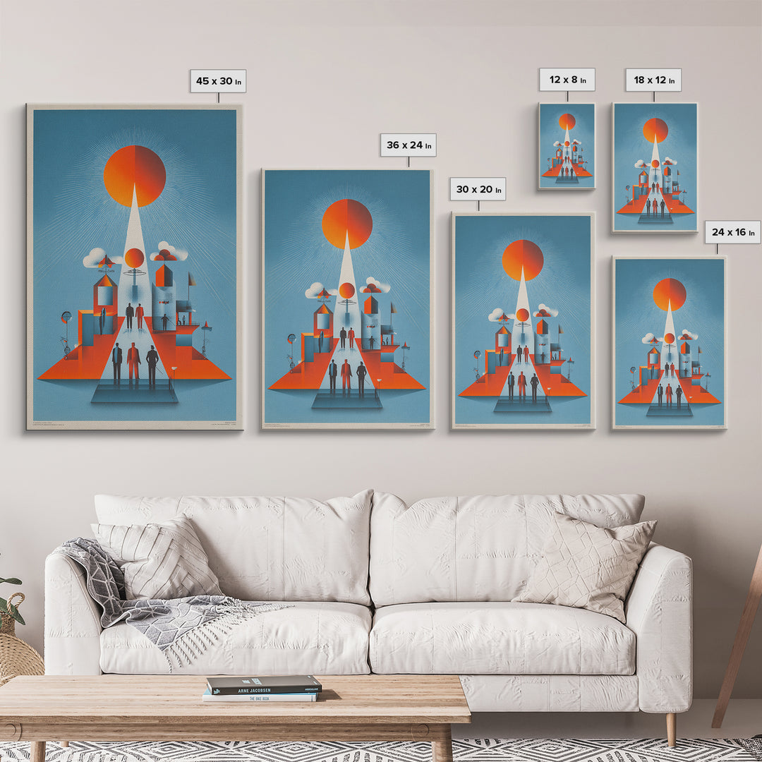 Futuristic Orange Sun City Wall Art, Midcentury Modern Art Print, Retro Geometric Poster, MCM Living Room Decor, Bold Blue Orange