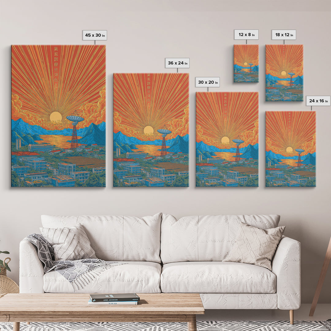 Japanese Sunrise Mountain Valley Canvas Print, Retro Travel Poster, Orange Blue Landscape Wall Decor, Midcentury Modern Art