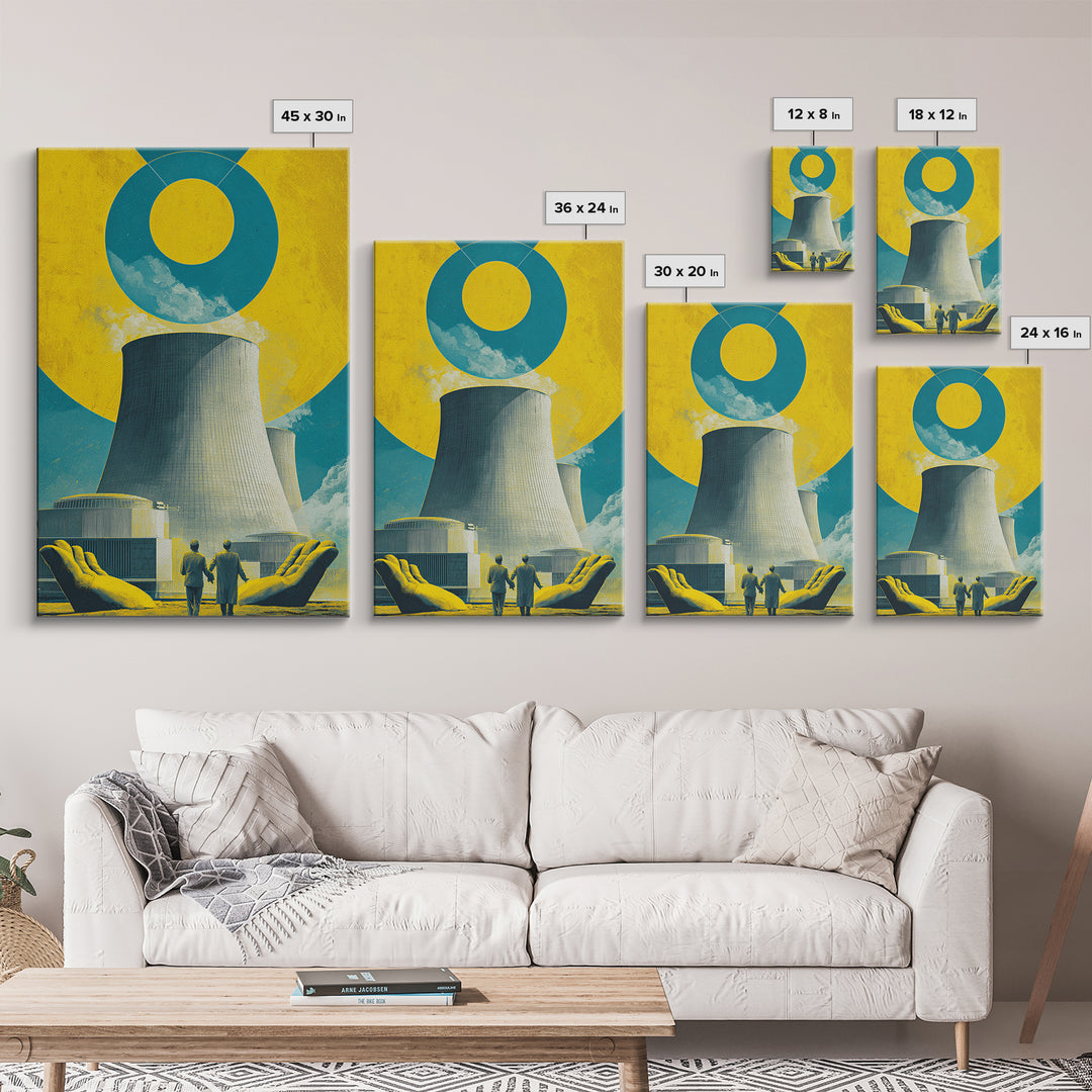 Nuclear Cooling Tower In Giant Hands Canvas Print, Retro Futurist Wall Decor, Yellow Teal Industrial Modern Art, MCM Poster