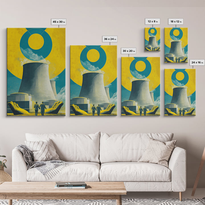 Nuclear Cooling Tower In Giant Hands Canvas Print, Retro Futurist Wall Decor, Yellow Teal Industrial Modern Art, MCM Poster