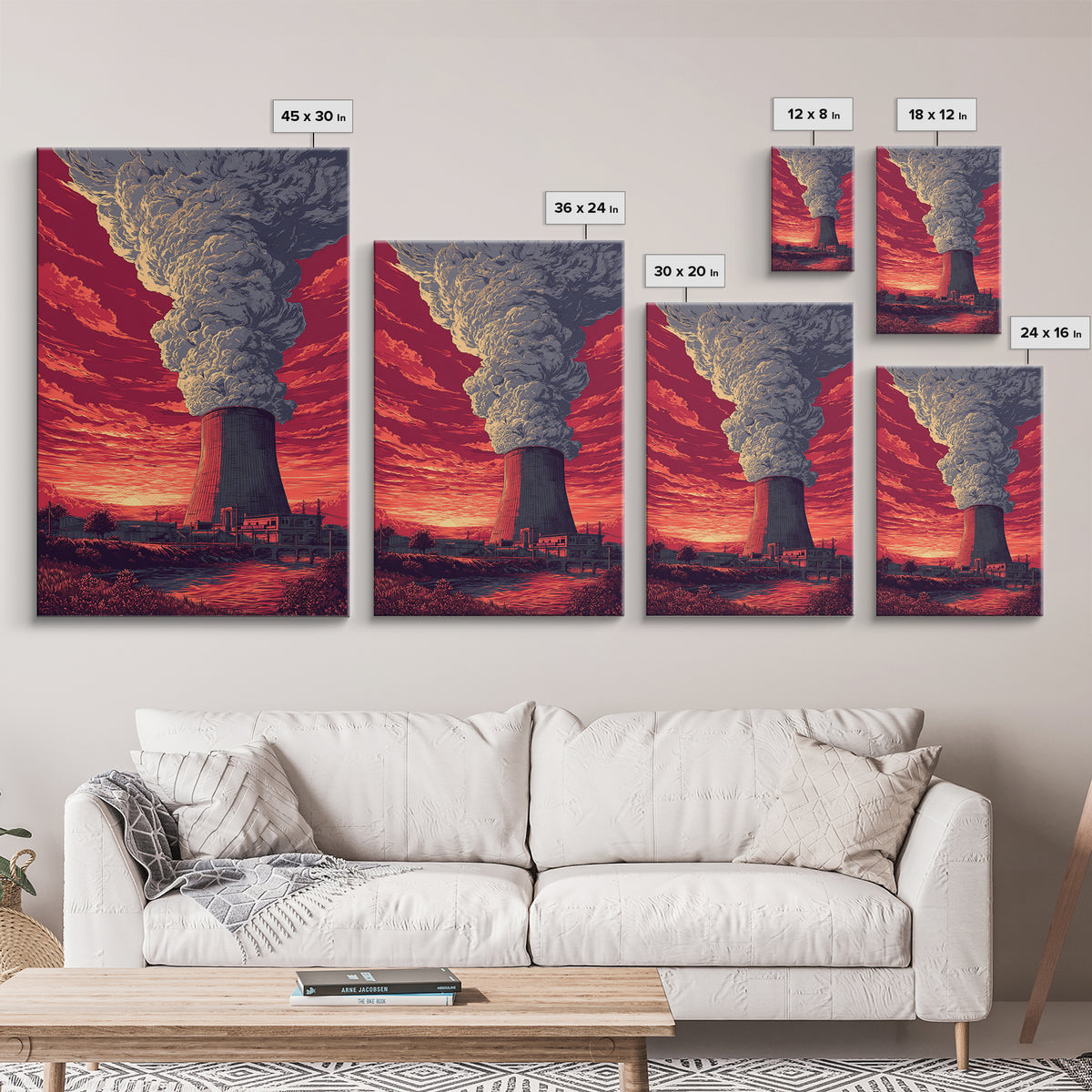 Dramatic Nuclear Cooling Tower Wall Art, Red Sunset Industrial Poster, Retro Sci Fi Landscape Print, Statement Home Decor