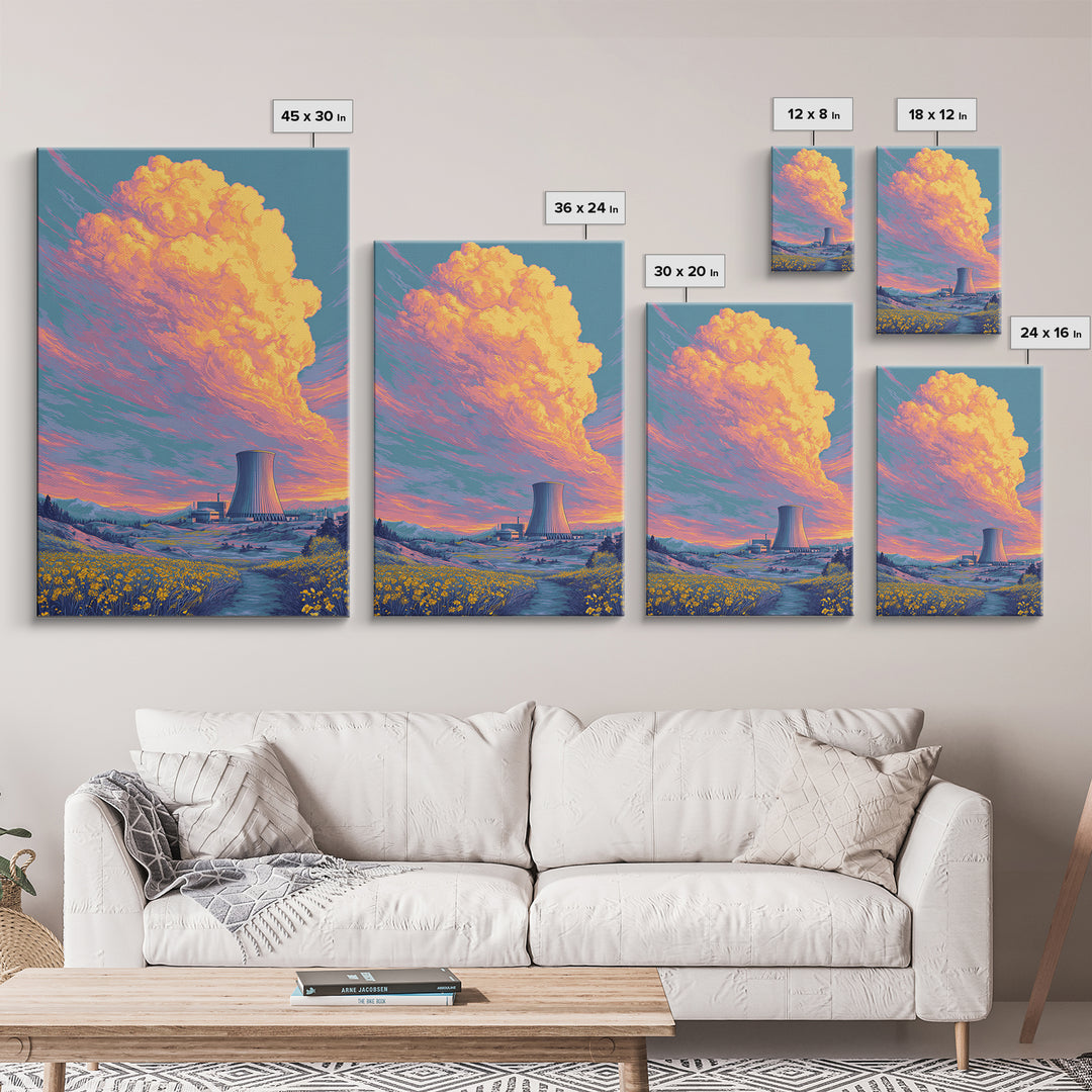 Pastel Nuclear Plant With Flower Field Wall Art, Scenic Landscape Poster, Colorful Modern Home Decor, Retro Art Print, Gift