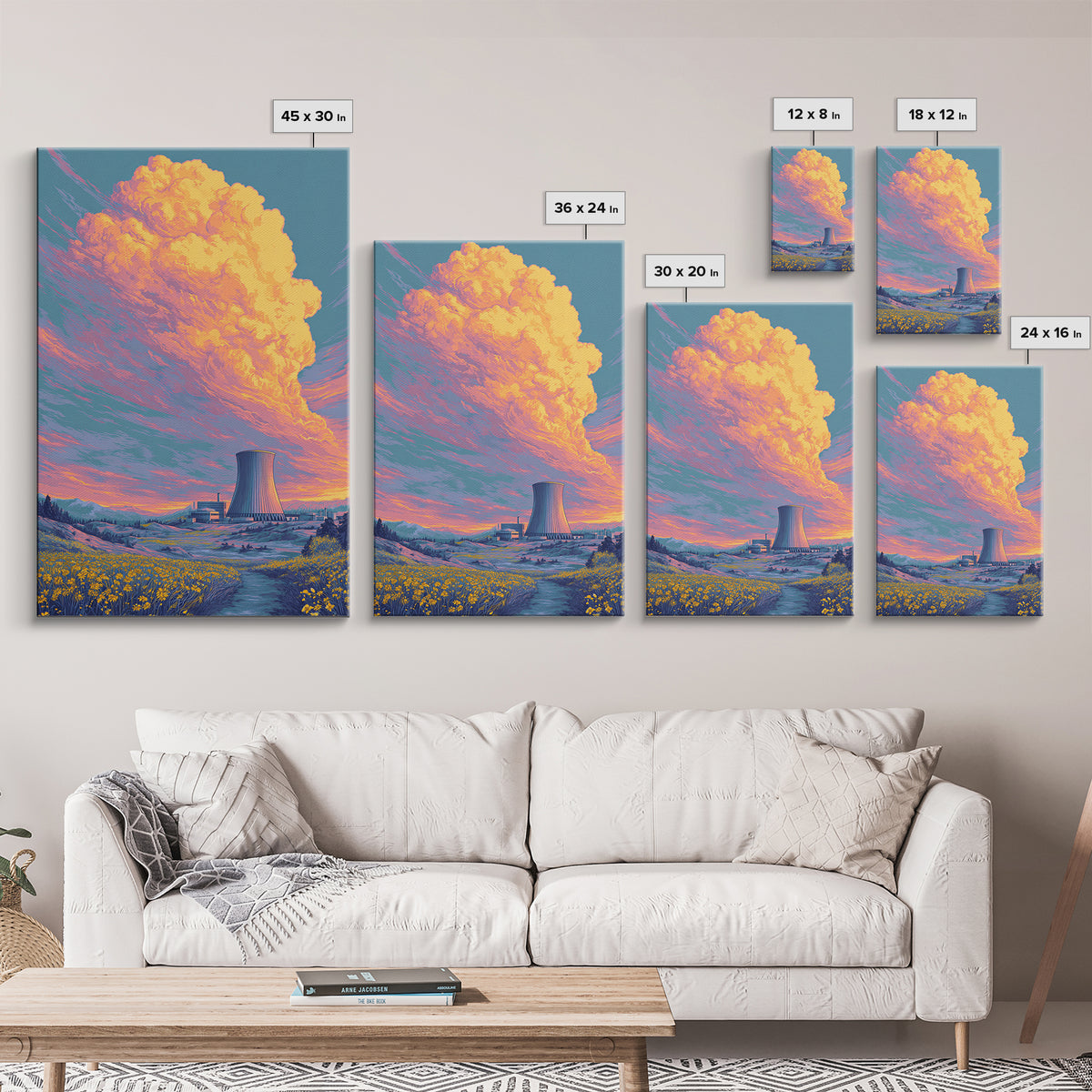 Pastel Nuclear Plant With Flower Field Wall Art, Scenic Landscape Poster, Colorful Modern Home Decor, Retro Art Print, Gift