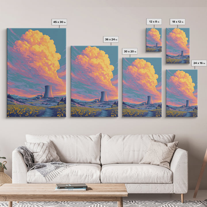 Pastel Nuclear Plant With Flower Field Wall Art, Scenic Landscape Poster, Colorful Modern Home Decor, Retro Art Print, Gift