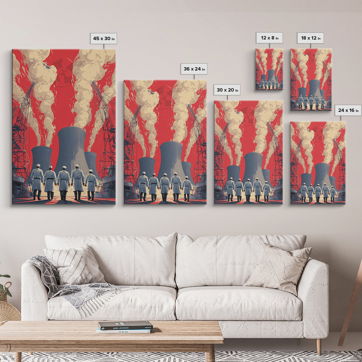 Nuclear Plant Workers Under Red Sky Framed Canvas Print, Industrial Wall Art, Retro Sci Fi Poster, Bold Statement Home Decor