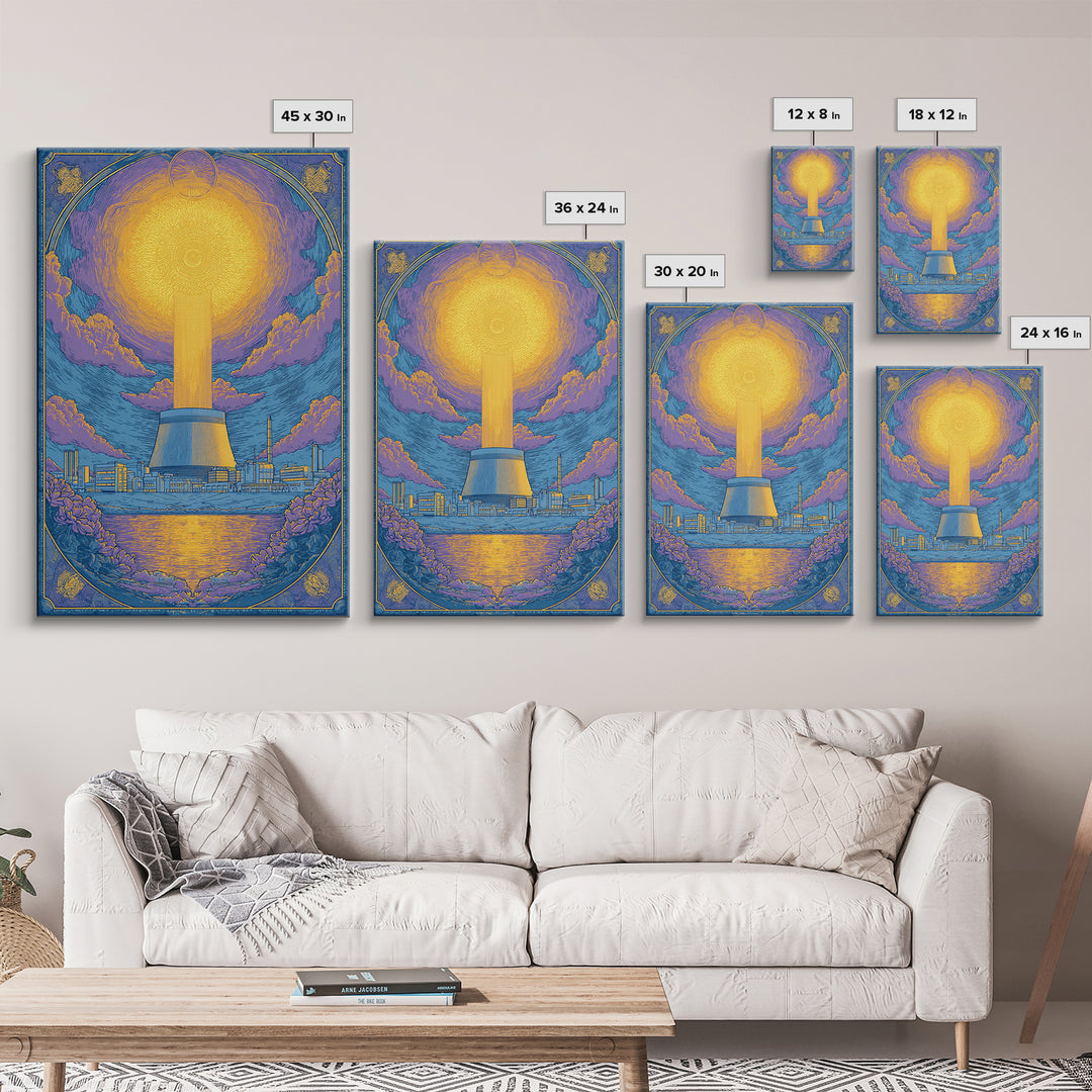 Ornate Radiant Nuclear Tower Wall Art, Art Nouveau Industrial Poster, Blue Gold Scenic Print, Spiritual Modern Statement Decor