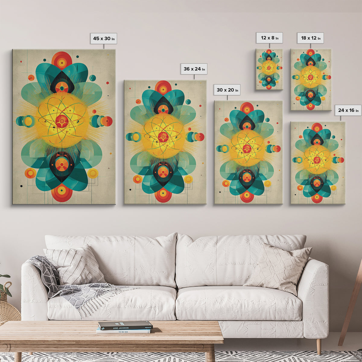 Atomic Flower Geometry Canvas Print, Midcentury Modern Abstract Art, Colorful Geometric Wall Decor, Retro Bauhaus Poster
