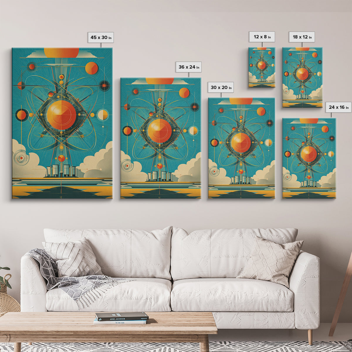Atomic Orange Sun Orbit Wall Art, Midcentury Modern Abstract Space Poster, Teal Retro Geometric Decor, MCM Canvas Gift, Home Decor