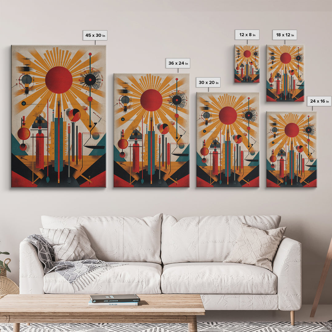 Red Sunburst Machine Wall Art, Midcentury Modern Abstract Poster, Bauhaus Geometric Print, Atomic Retro Office Decor Gift