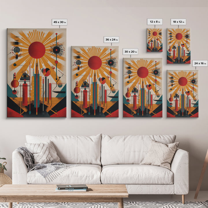 Red Sunburst Machine Wall Art, Midcentury Modern Abstract Poster, Bauhaus Geometric Print, Atomic Retro Office Decor Gift