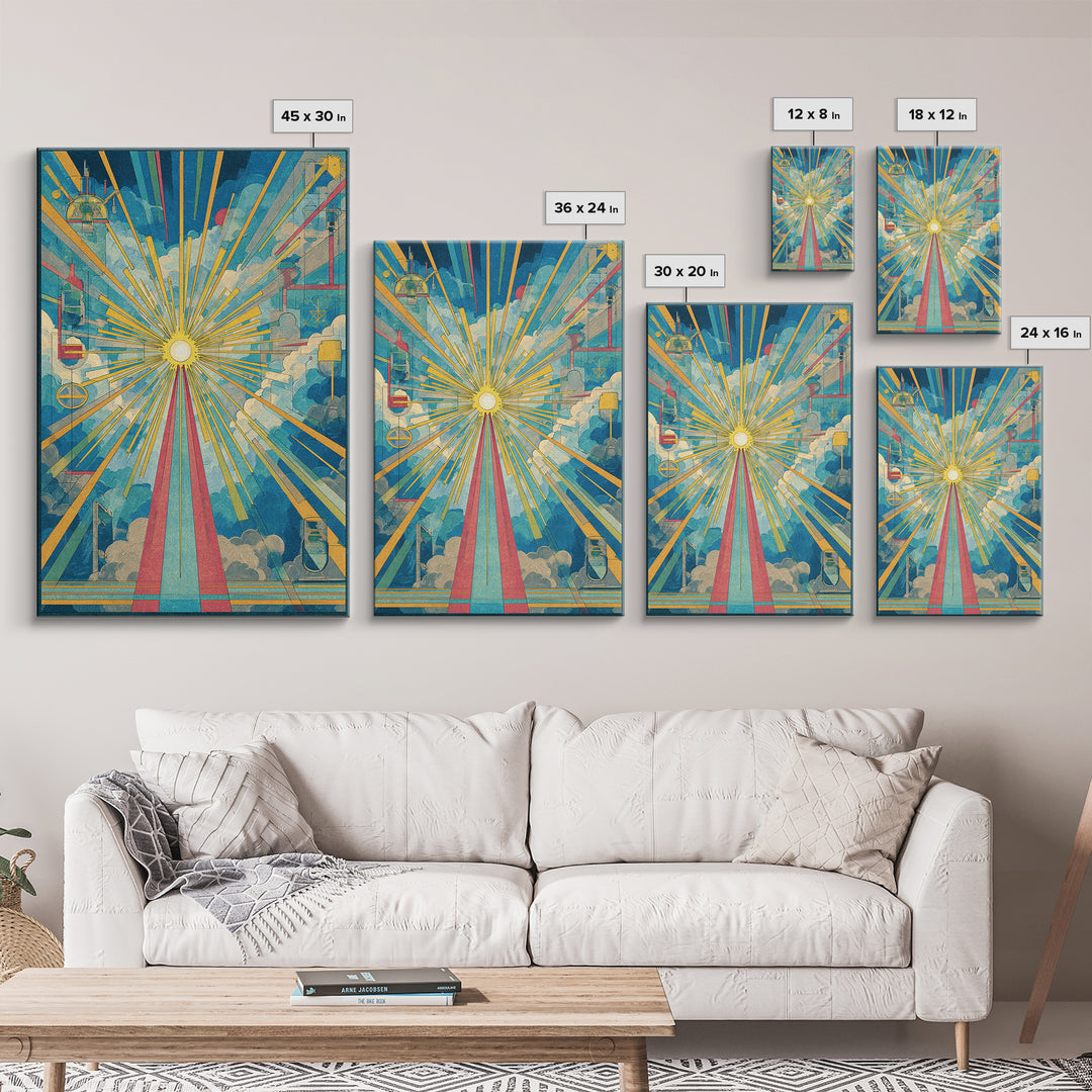 Radiant Cloud Cathedral Canvas Print, Midcentury Modern Sun Rays Poster, Colorful Geometric Sky Wall Art, Retro Home Decor