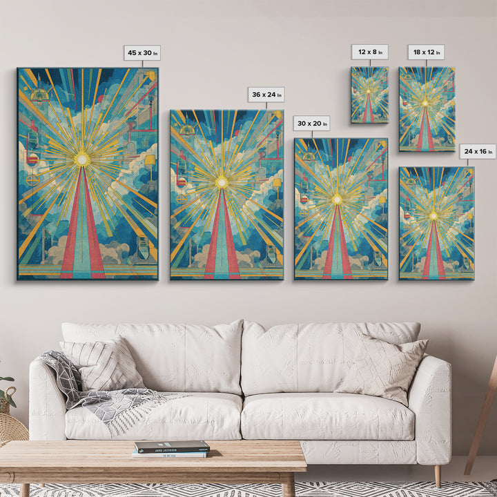 Radiant Cloud Cathedral Canvas Print, Midcentury Modern Sun Rays Poster, Colorful Geometric Sky Wall Art, Retro Home Decor