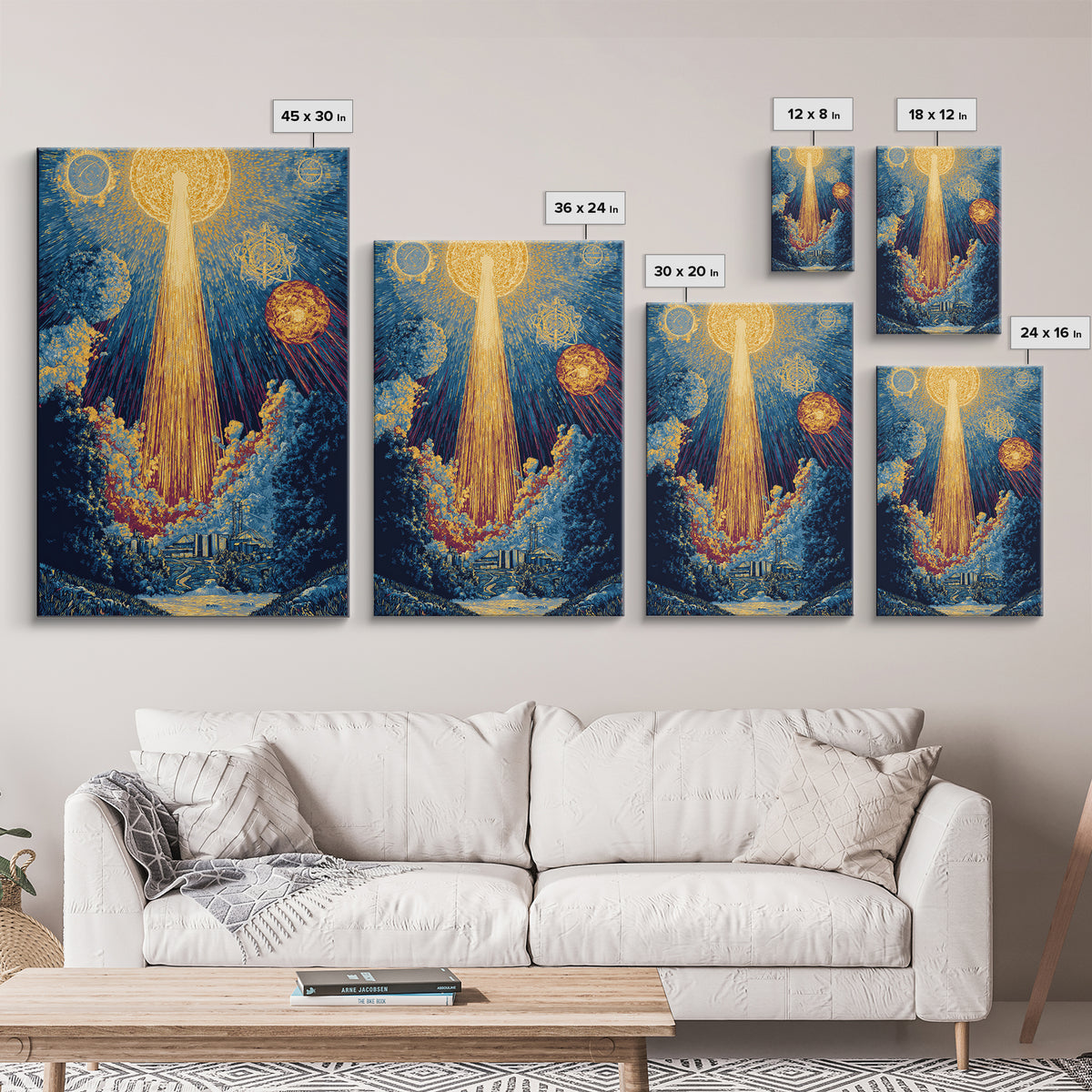 Golden Celestial Beam Canvas Print, Modern Abstract Art, Cosmic Sun Landscape Poster, Blue Yellow Wall Decor, Spiritual Gift