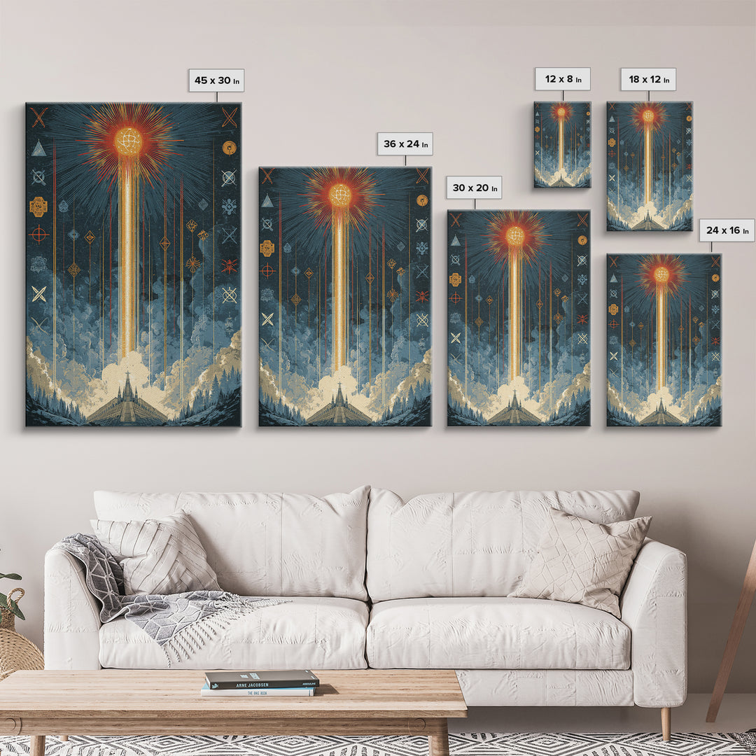 Mystic Rocket Launch Wall Art, Midcentury Modern Space Poster, Celestial Sunburst Landscape, Retro Sci Fi Office Decor Print